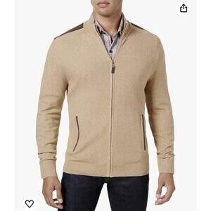 Tasso Elba Men's Tan Brown Textured Sweater, Tan Cardigan Zip Up Sweater Size XL